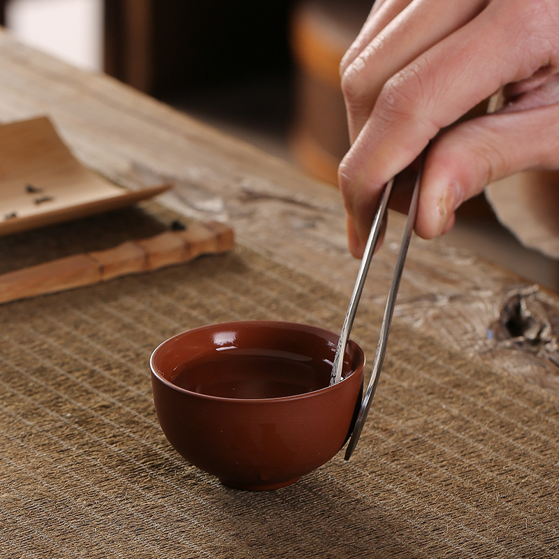 Bộ sáu quý ông trà đạo bằng gỗ mun chống trượt kẹp trà inox cầm bút dao thìa phụ kiện trà đạo dụng cụ pha trà