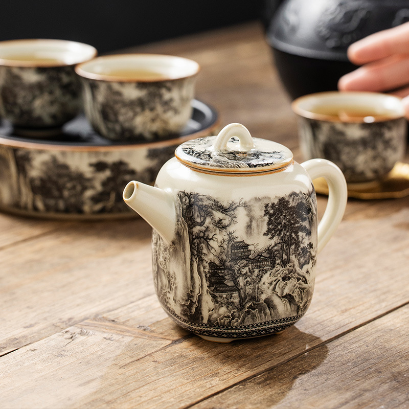 Ấm trà gốm sứ phong cảnh thủy Ruyao ấm trà gia dụng ấm trà mở tấm đơn ấm trà dụng cụ pha trà Kung Fu bán buôn
