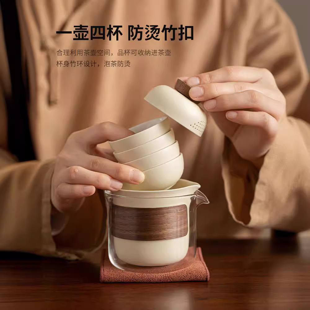 Bộ trà du lịch di động tráng men màu vàng gạo, cốc khách di động, một ấm bốn cốc, ấm trà cắm trại ngoài trời