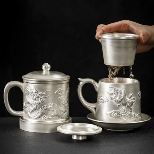 Bộ trà quà tặng cốc bạc thật ví bạc cốc trà bạc có nắp lọc sứ mạ bạc tách nước cốc văn phòng tách trà