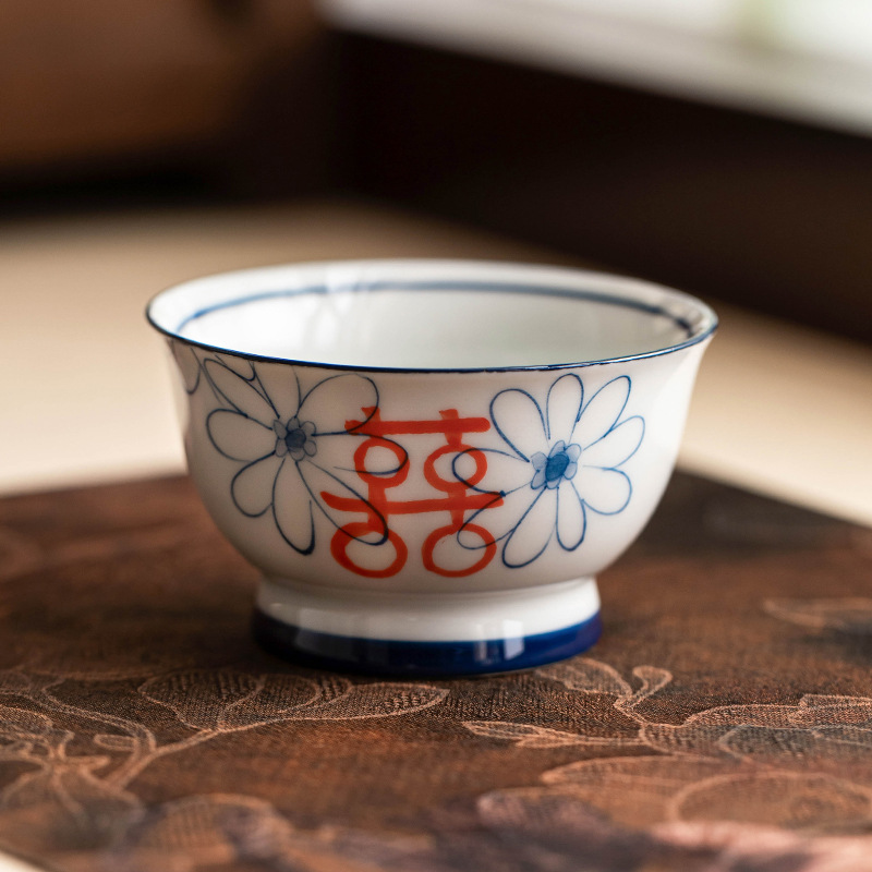 Cốc chủ nhân cao cấp cốc trà cưới cốc hoa cúc vẽ tay hạnh phúc đôi tách trà cốc uống trà kiểu Trung Quốc