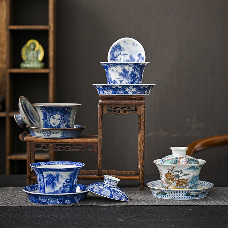 Jingdezhen sứ trắng xanh bát nắp tam tài cốc trà Bộ trà Bát pha trà bát Gốm sứ văn phòng gia dụng đơn