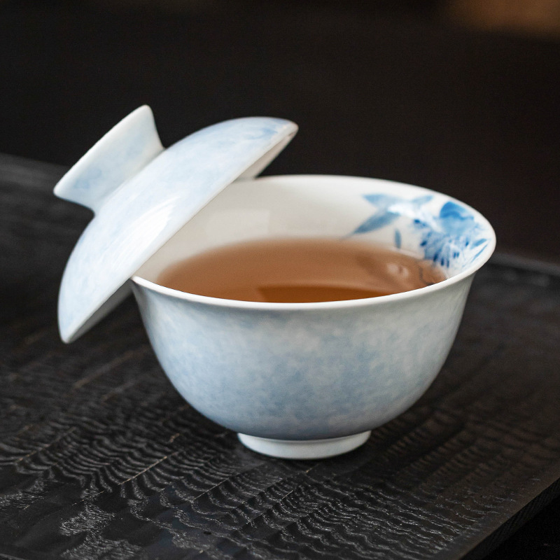 Bát nắp treo gốm sứ vẽ tay, cốc trà, bát pha trà xanh Lily Xiyan, bộ pha trà gia dụng Trung Quốc có nắp, một chiếc