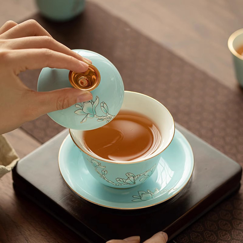 Bộ dụng cụ pha trà Kung Fu bát có nắp tam tài hoa mộc lan gia dụng Trung Quốc bát pha trà gốm sứ hộp quà tách trà