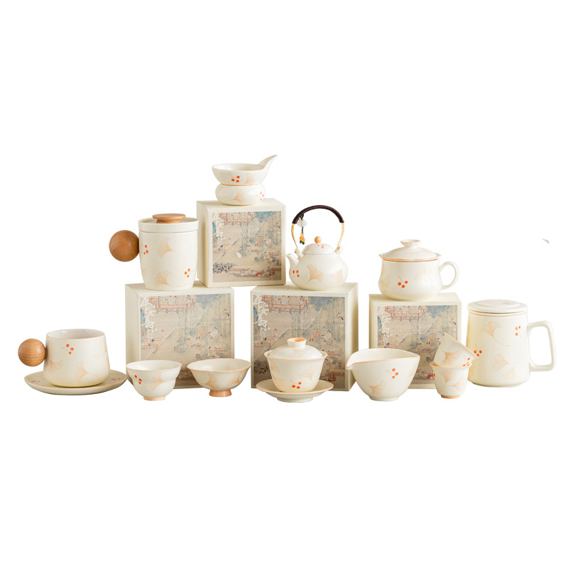 Cốc trà bạch quả màu be, ấm trà, lọc trà, tách trà, tách trà, cốc chủ nhân, bộ trà gốm sứ tươi trẻ, sản phẩm duy nhất