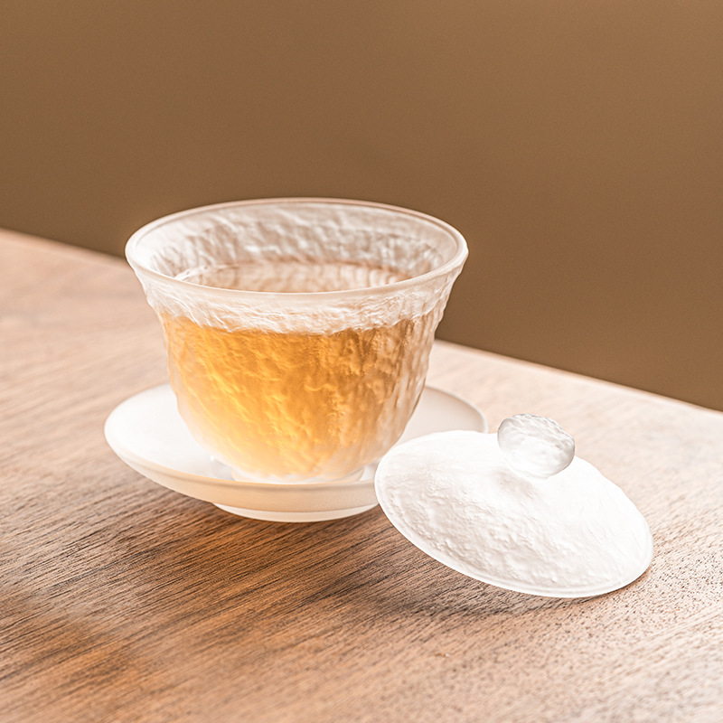 Bát trà có nắp Sancai Shangshen Liuli Bát trà trắng mờ kiểu Trung Quốc Có Nắp Bát Trà chống bỏng đơn gia dụng cao cấp