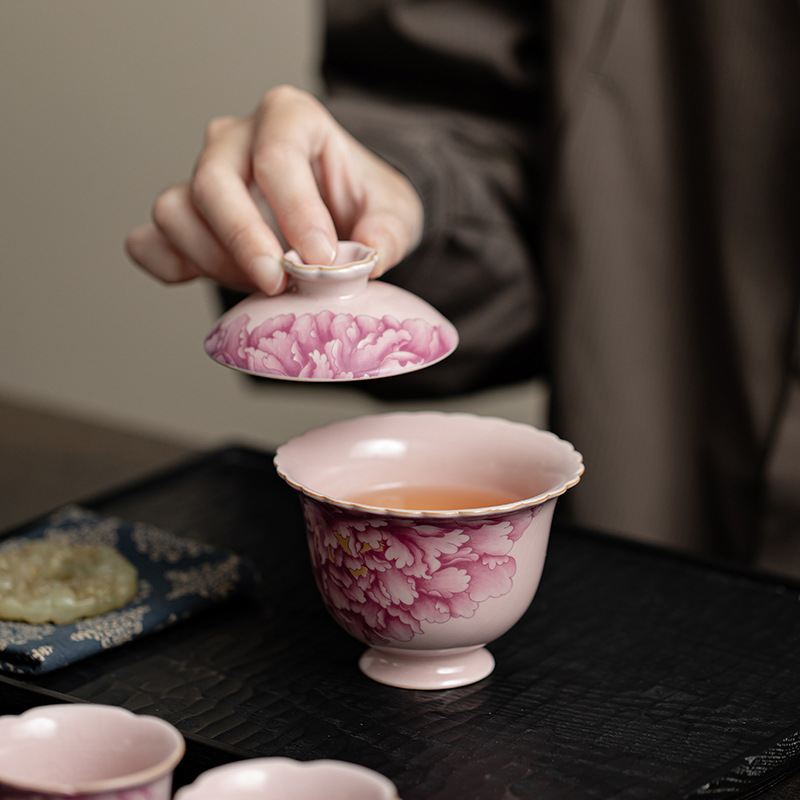 Bát có nắp ren lò Ru màu hồng Bộ ấm trà Kung Fu gốm sứ gia dụng Bát pha trà đơn có thể mở lát để nâng bát có nắp thứ hai