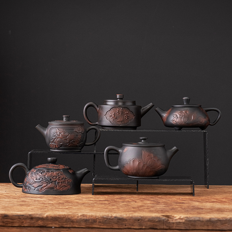 Nguyên khoáng tử cát tường cổ điển thủ công rồng phượng phù điêu Bình Phong Bình Xishi bình đơn dung tích lớn dụng cụ pha trà Kung Fu ấm pha trà