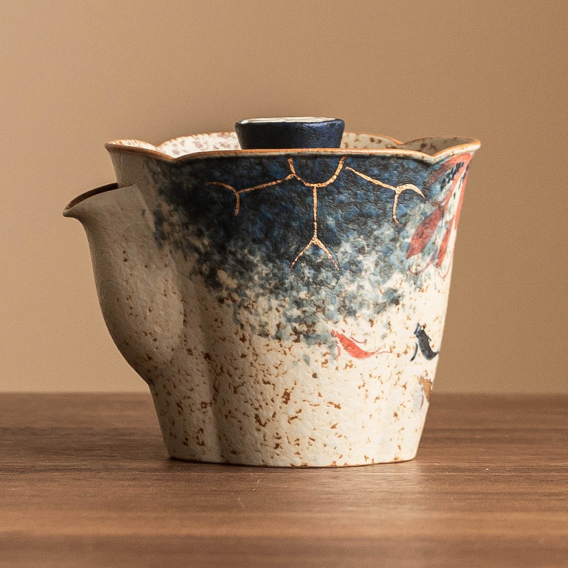 Ấm trà gốm sứ đỏ đá lửa xanh trắng ấm cầm tay miệng hoa cá chép vàng vẽ tay ấm trà đơn trà cổ điển Trung Quốc