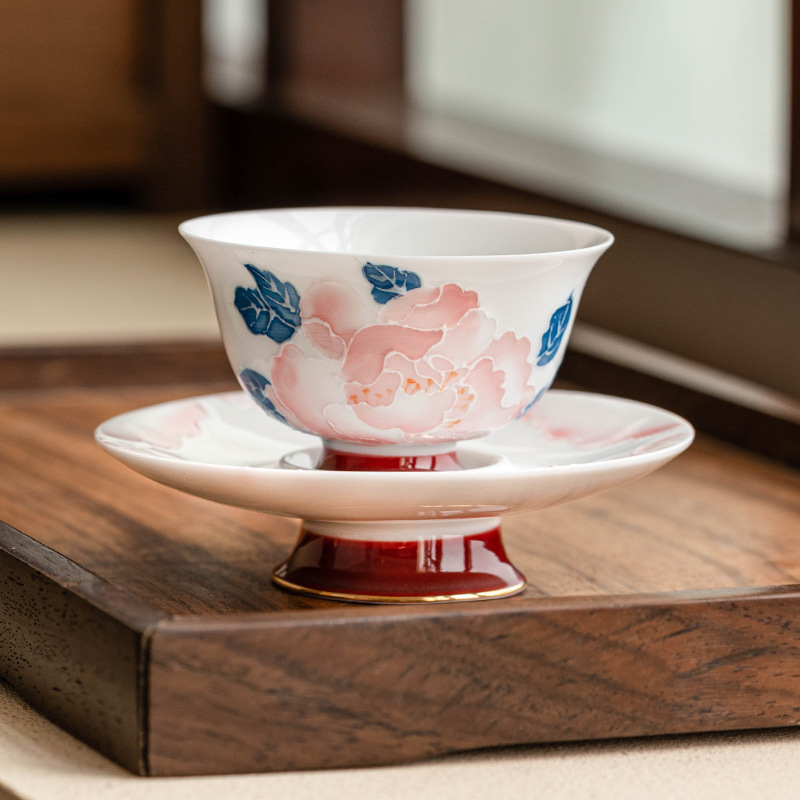 Cốc trà gốm sứ cốc chủ nhân vẽ tay hoa mẫu đơn Chaoyan cốc và đĩa bộ dụng cụ trà Kung Fu gia dụng cốc trà