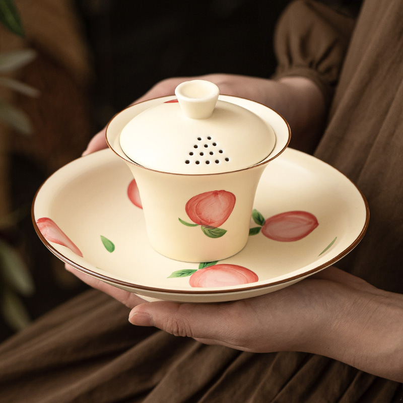 Fan Yin vẽ tay đào móng ngựa nắp bát trà cốc trà giá trị cao bộ trà nữ bát trà gốm sứ có nắp lớn tam tài