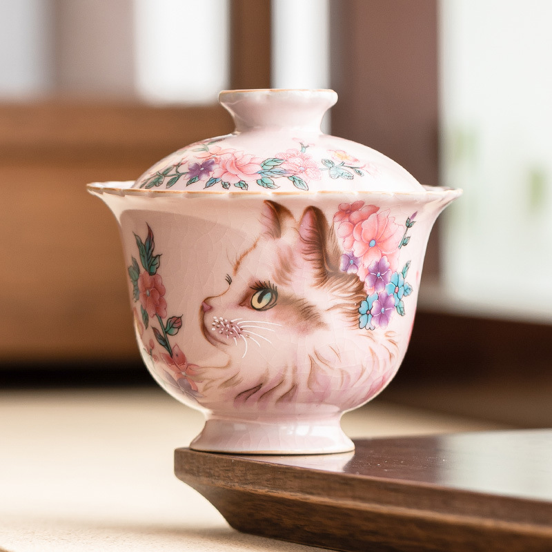 Ru Kiln Hoa Mèo Họa Tiết Hoa Miệng Bát Có Chân Cao, Tách Trà Gốm Ru Màu Hồng, Đơn Có Nắp, Bộ Pha Trà Gia Đình Cho Nữ, Kích Thước Lớn.