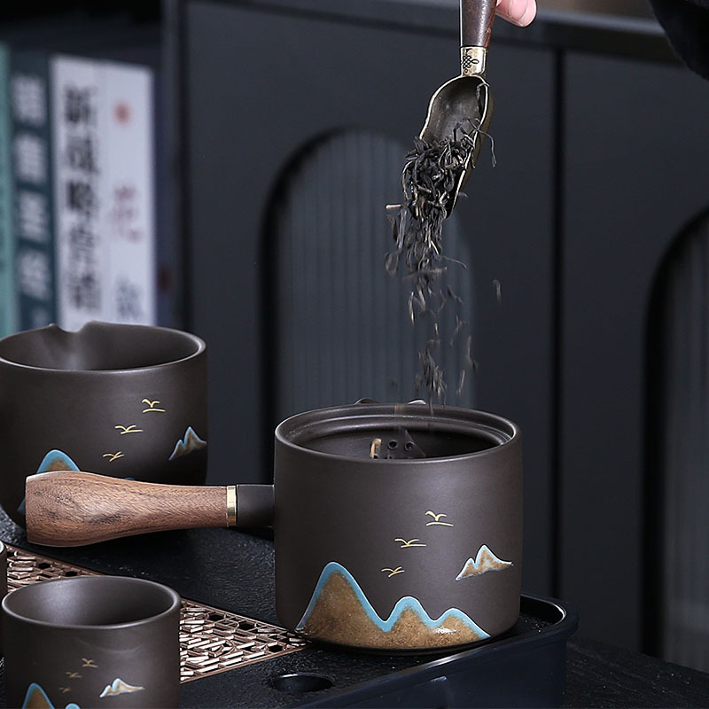 Bộ ấm trà kungfu cát tím cao cấp nguyên khoáng sản ấm trà núi xa đơn giản phòng khách văn phòng gia dụng hộp quà