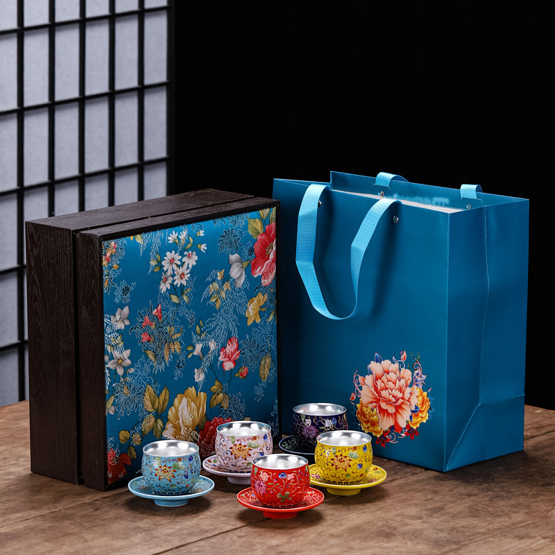 Cốc trà bạc nguyên chất 999 cốc trà men bạc mạ bạc cốc chủ sở hữu cốc đơn bộ trà Kung Fu bộ hộp quà doanh nghiệp