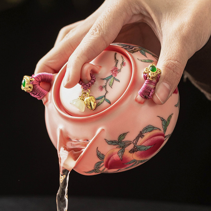 Ấm cầm tay chín quả đào hồng, ấm trà gốm sứ, dụng cụ pha trà kungfu gia dụng, ấm đơn lọc, hộp quà không nóng