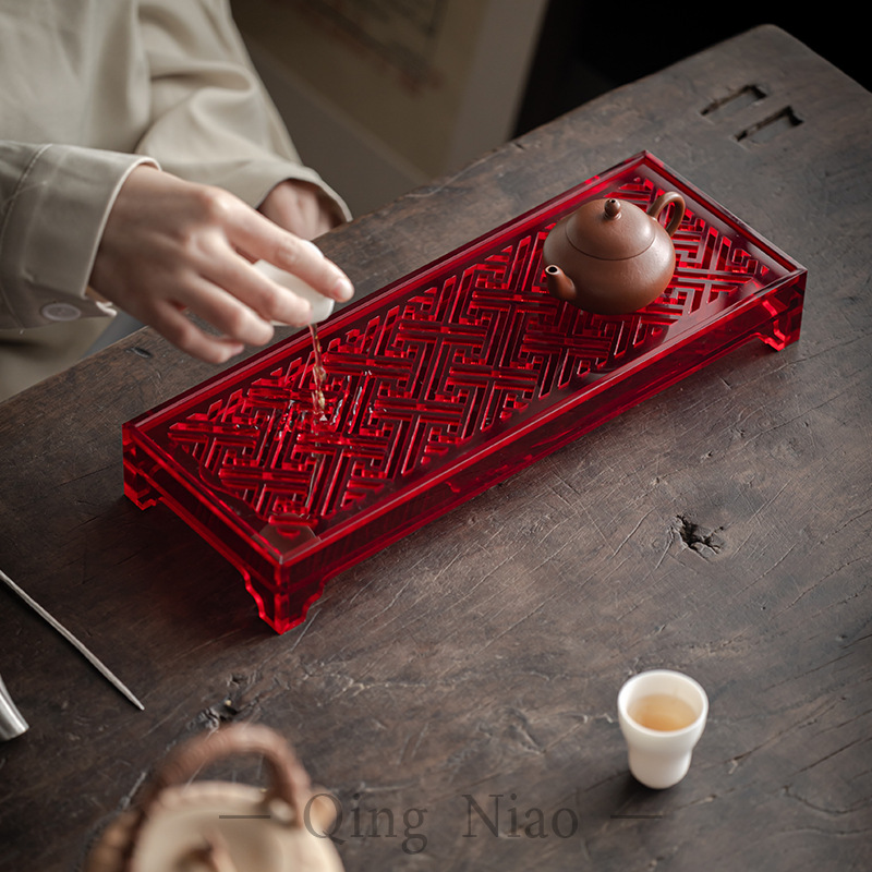 Khay trà Acrylic trang điểm màu đỏ trong suốt cao Khay trà hình chữ nhật rỗng cốc nước Khay trà đồ trang trí phụ kiện Bộ trà Kung Fu