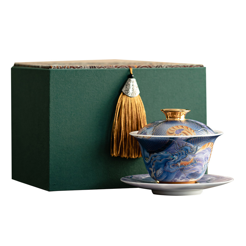 Bát có nắp sứ xanh trắng ngọc bích cốc pha trà men màu gia dụng bát có nắp tam tài cung đình cổ điển bộ trà một Kung Fu