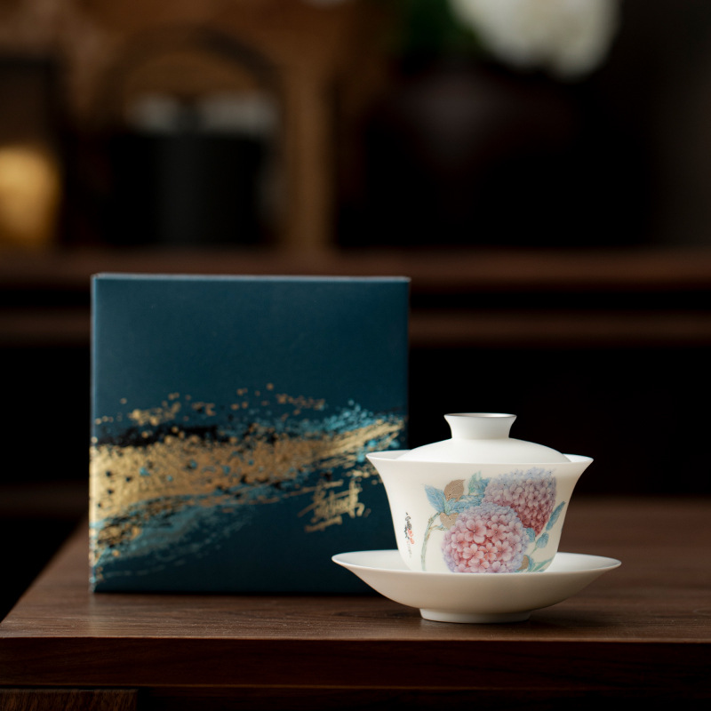 Gaiwan bằng sứ giống như ngọc của Hoàng Tứ Đông, gaiwan ba mảnh có thành mỏng có nắp, tách trà bằng gốm, bộ trà kung fu, bát pha trà cao cấp.