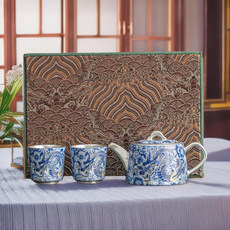 Bộ ấm trà bạc rồng phượng cao cấp bộ trà bạc mạ bạc thủ công quà tặng tay bộ trà Kung Fu cầm tay hộp quà tách trà
