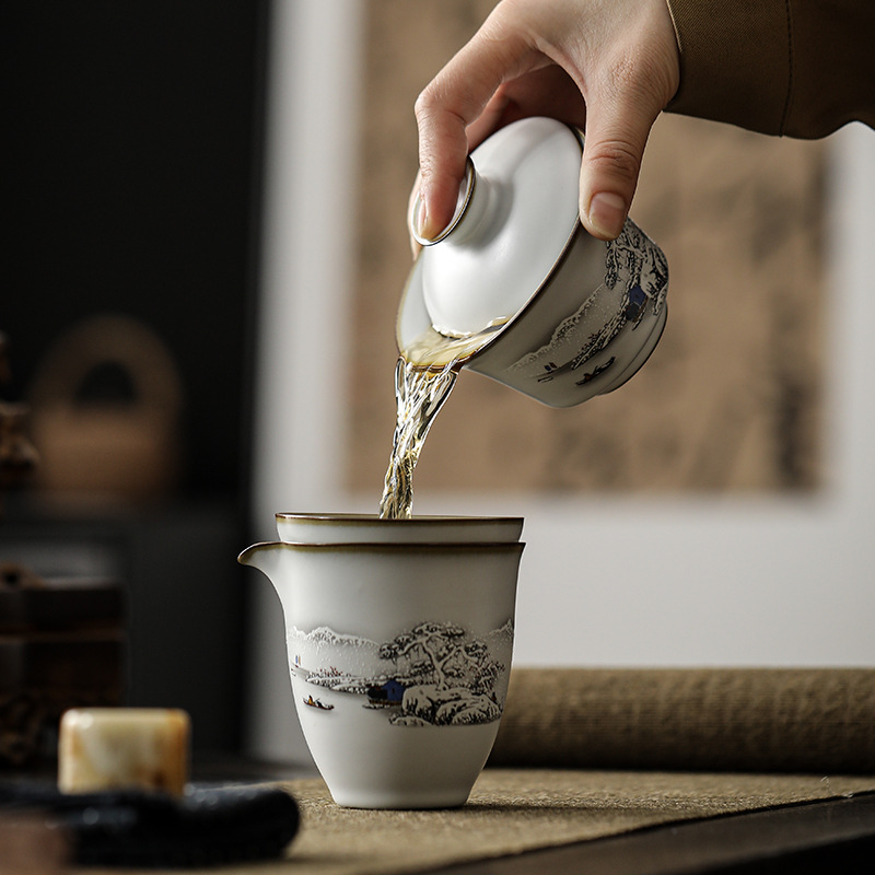 Bộ ấm trà Ru Kiln Bộ hộp quà bát ba nắp gốm sứ cốc pha trà cao cấp Bộ ấm trà Kung Fu tặng quà cốc công bằng gia dụng