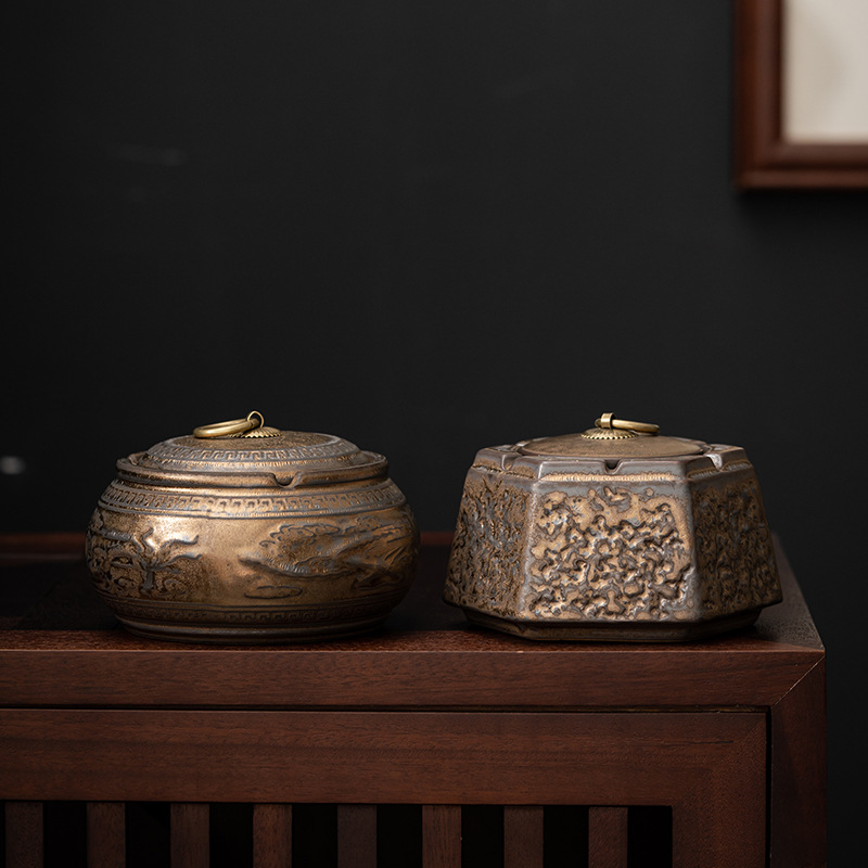 Gạt tàn men sắt mạ vàng kiểu Nhật, gạt tàn gốm cỡ lớn chống bay có nắp đậy phòng khách gia dụng kiểu Nhật