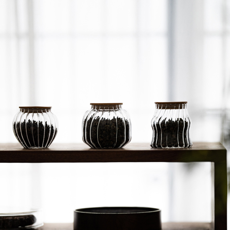 Bán buôn Hộp đựng trà thủy tinh hoa văn dọc, hộp đựng thủy tinh kín nắp tre, hộp đựng hạt cà phê cầm tay mini Cỡ Nhỏ