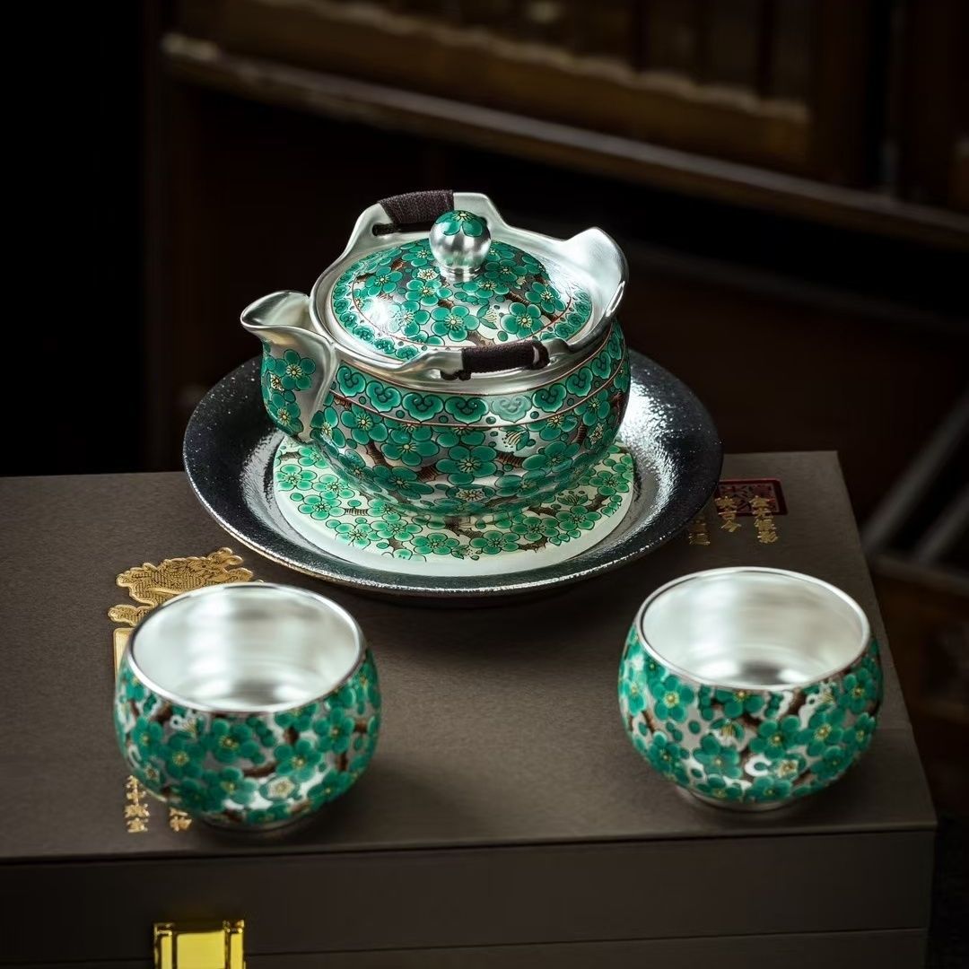 Zhou Hongjie 999 sterling bạc mạ bạc ấm trà bộ ấm trà một ấm hai tách trà bộ cho người lớn tuổi lãnh đạo kinh doanh cao cấp