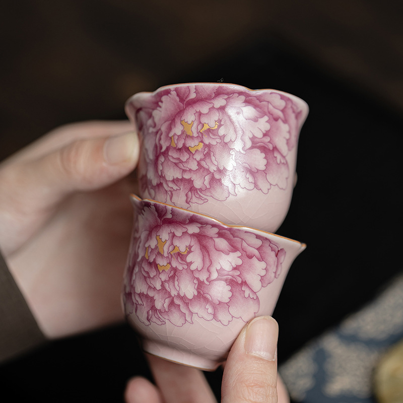 Cốc miệng hoa mẫu đơn Ruyao màu hồng, cốc uống trà gốm sứ gia dụng, cốc chủ nhân, sản phẩm đặc biệt dành cho nữ, cốc trà có thể mở và nâng