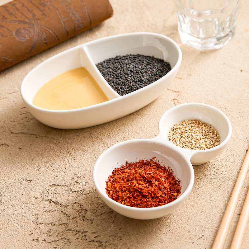 Đĩa nước sốt hai ô màu trắng tinh khiết bằng gốm, đĩa nước chấm, lẩu, thịt nướng, đĩa nước sốt sáng tạo, đĩa gia vị giấm nước sốt gia dụng