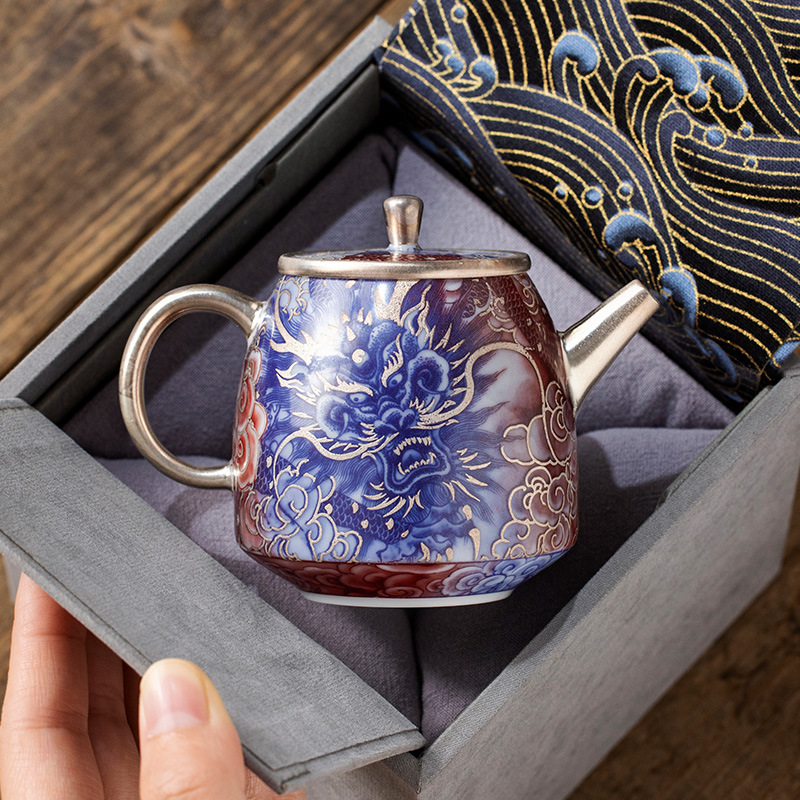 He Fusen bộ ấm trà rồng trắng xanh mạ bạc tặng quà sinh nhật nam nữ lãnh đạo người lớn tuổi