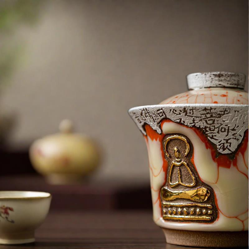 Bát có nắp bằng gốm Phật không hình dạng bằng vàng và bạc vẽ tay dùng trong gia đình, Bát trà Kung Fu, Bát trà Kiyono Nijika, Bộ pha trà.