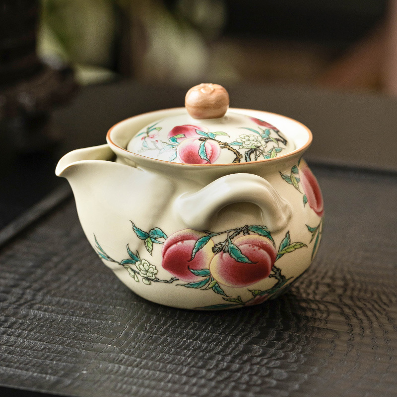 Ấm cầm tay Ruyao Pastel Nine Peach Ruyi Ấm trà bộ trà Kung Fu gốm sứ Ấm trà gia dụng không nóng lọc tay