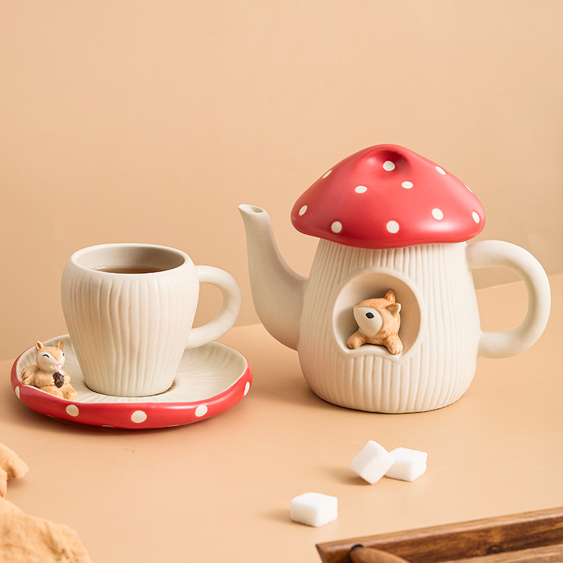 Ấm đun nước bằng nấm, cốc cà phê, Bộ trà chiều giá trị cao cho nữ, cốc cà phê uống nước bằng gốm sứ dễ thương hoạt hình