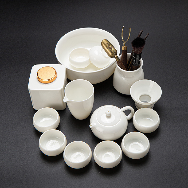 Bộ ấm trà sứ trắng Dehua gia dụng văn phòng mỡ cừu ngọc sứ có nắp đậy ấm Xi Shi tách trà gốm sứ bán buôn