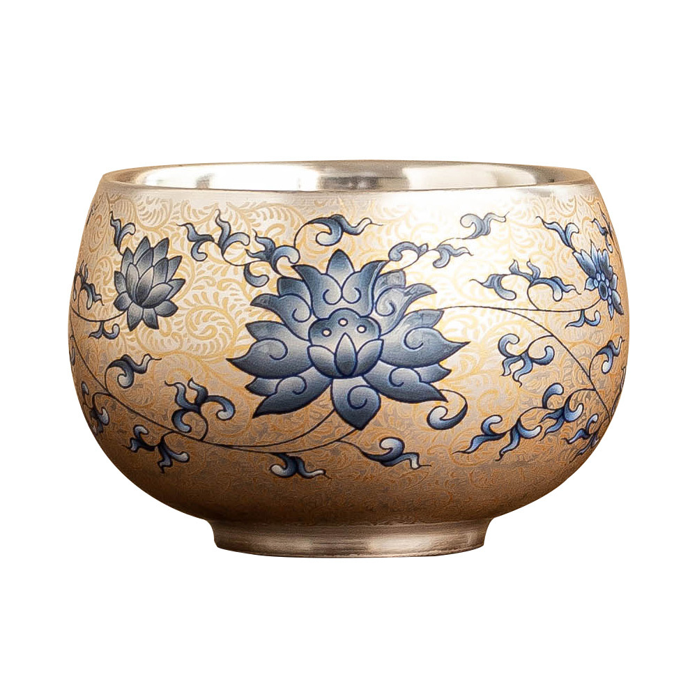 Hoa sen màu xanh và trắng vần mạ bạc cốc La Hán cốc chủ nhân gốm sứ cốc trà Kung Fu tách trà chén trà chén trà bộ trà sang trọng nhẹ chén trà