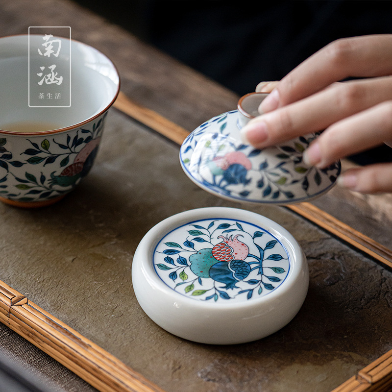 Bộ phụ kiện ấm trà Kung Fu, đế đựng chén, đồ trang trí bàn trà Zen, giá đỡ chén kiểu cổ điển, vỏ gốm men xanh trắng.