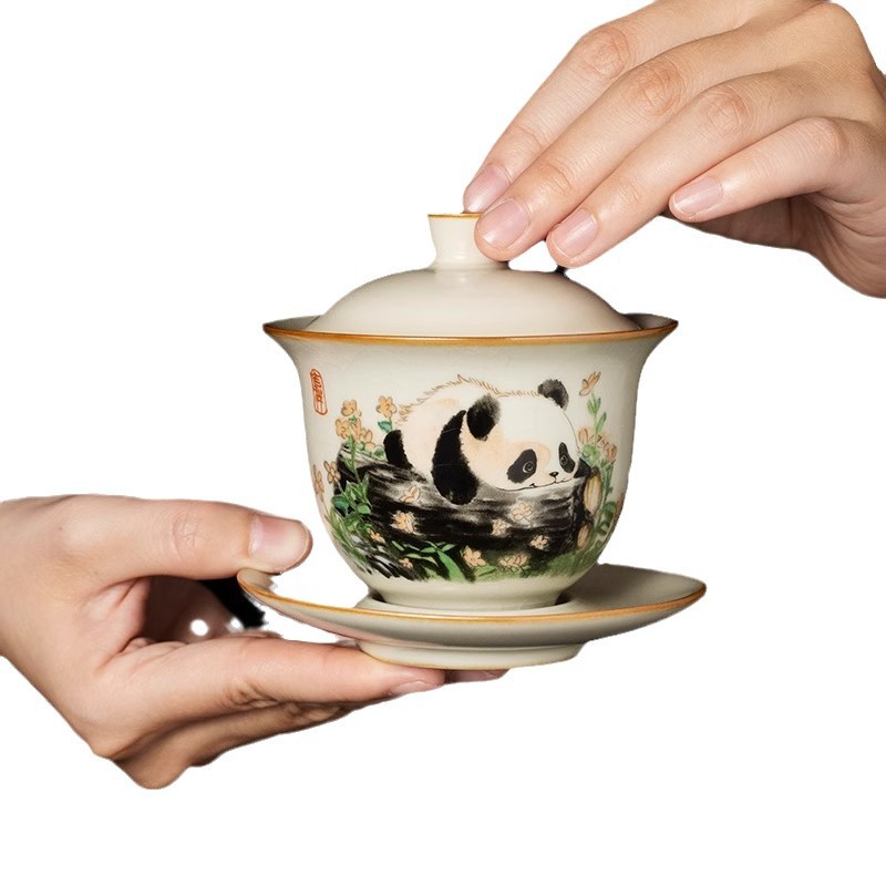 Bộ trà bát có nắp 3 tài gốm sứ Ru Kiln Panda Bộ trà Kung Fu một ấm sáu chén cao cấp cho phòng khách gia dụng