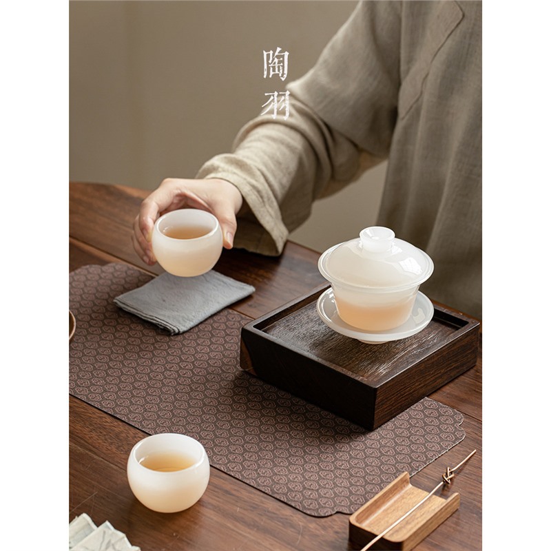 Cốc trà có nắp ba màu, cốc trà, bộ trà thủy tinh chống bỏng một tay, bát trà, bát có nắp sứ ngọc trắng, cao cấp có nắp