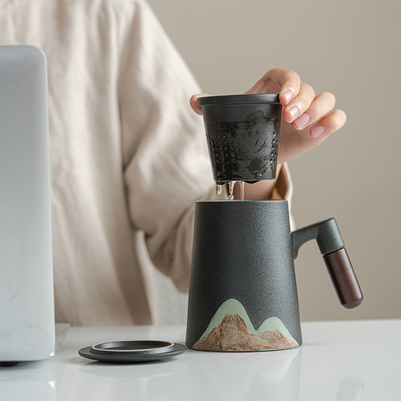Chupu gốm sứ Yuanshan Mug tách nước trà văn phòng gia dụng có nắp lọc Cốc pha trà cá nhân