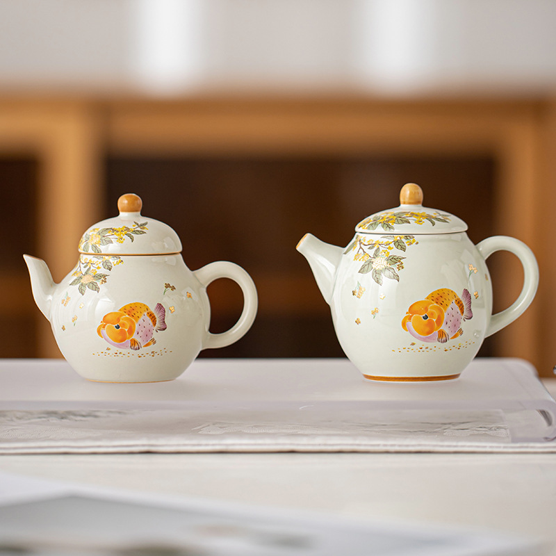 Ấm trà màu xám cỏ cây phong cách Trung Quốc Zen Osmanthus Golden Fish Ruyi Ấm cầm tay tinh xảo Ấm trà đơn