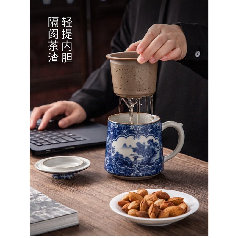 Tách trà gốm sứ trắng xanh tách trà cốc văn phòng phong cảnh cốc văn phòng có nắp lọc lót cốc văn phòng dung tích lớn quà tặng