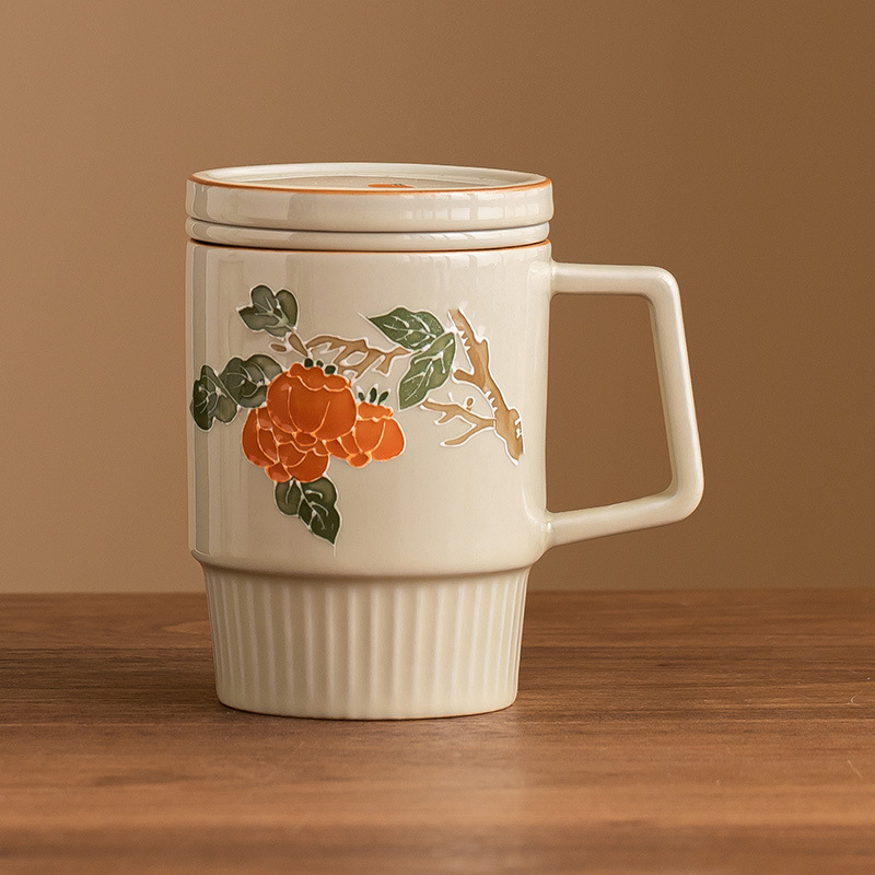 Vẽ tay đống chạm khắc hồng hồng Ruyi Cốc uống nước có nắp Cốc tách trà văn phòng gia dụng gốm sứ nữ