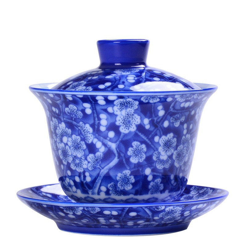 Bát có nắp tam tài Bộ trà thủ công cốc trà Kung Fu sứ trắng xanh một chiếc cốc trà sứ mỏng đầy màu sắc