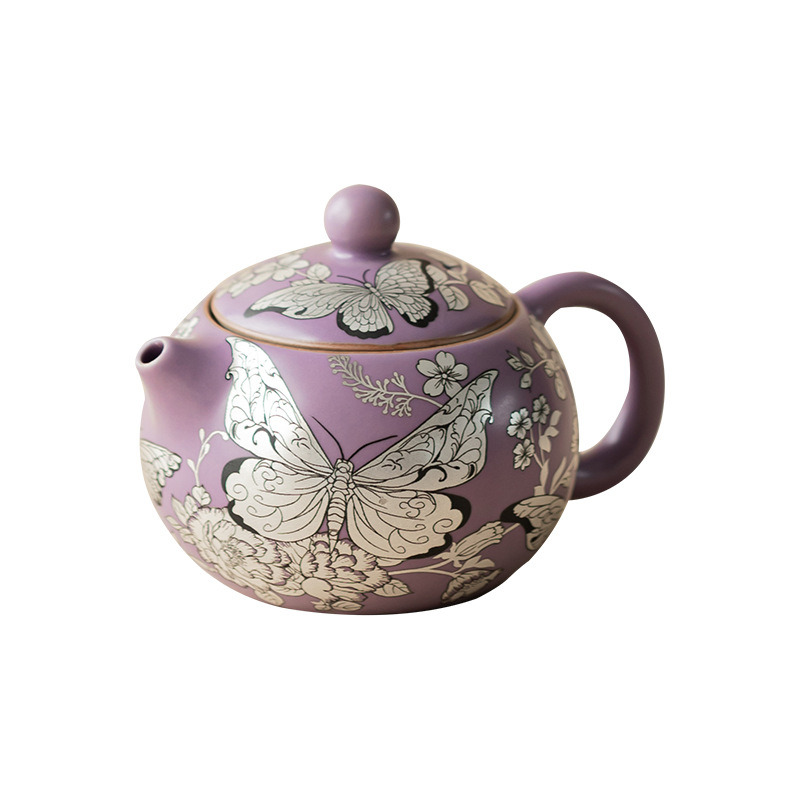 Bình lọc gốm sứ gia dụng hình bướm bạc Ru tím, hoa tình yêu Xishi, một ngăn, có thể dùng pha trà, hộp quà tặng
