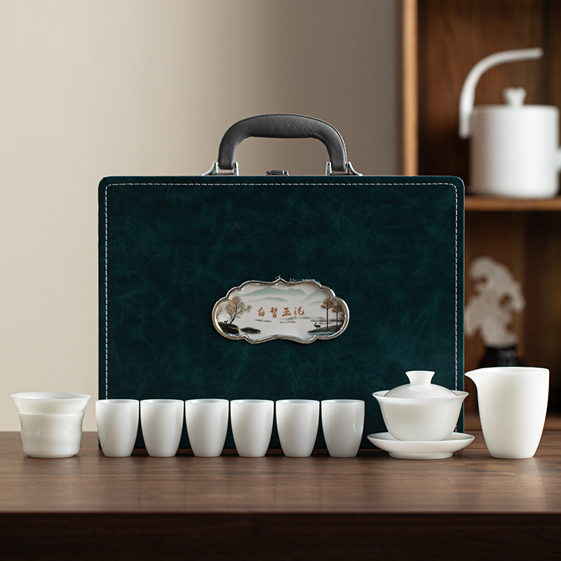 Bộ ấm trà đất sét ngọc bích trắng Bộ ấm chén trà sứ trắng Dehua Bộ ấm trà trọn bộ hộp quà tặng tặng khách hàng