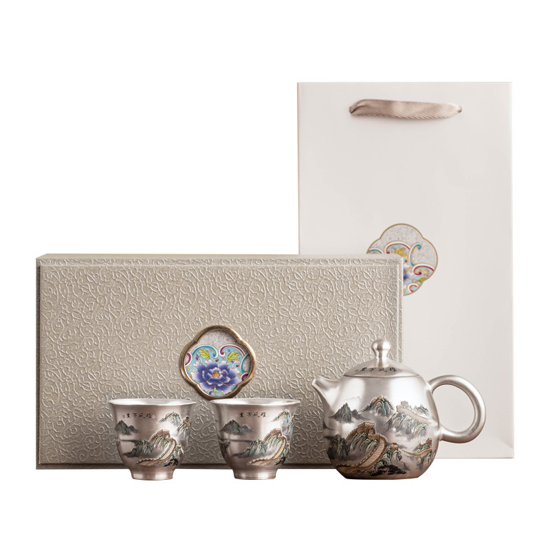 Bộ ấm trà 999 bạc mạ bạc Xiongfeng Wanli bộ ấm trà gia dụng một ấm hai cốc cao cấp sang trọng ấm trà hộp quà
