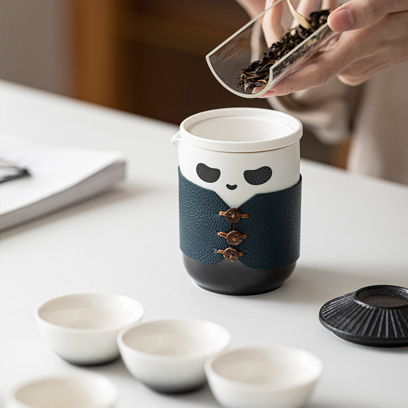 Bộ trà du lịch di động Panda Kuaike Cup Một ấm bốn Cốc pha trà cầm tay ngoài trời Đồng hành doanh nhân biểu tượng Quà Tặng