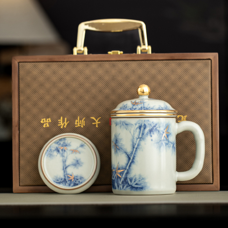 Ly sứ Ru Kiln cao cấp, ly retro dung tích lớn, ly sứ xanh trắng phúc lợi nhân viên, ly trà cho khách hàng