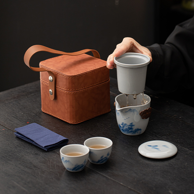Bộ trà du lịch vẽ tay kiểu Trung Quốc mới Bộ trà xe cắm trại ngoài trời gốm sứ Một bình hai cốc