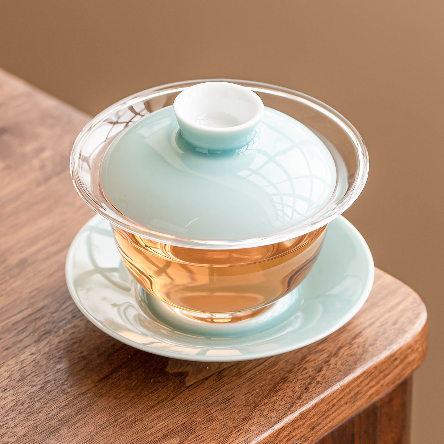 Bát nắp tam tài thủy tinh xanh trắng bát trà bát trà chịu nhiệt bộ trà gốm sứ gia dụng bát trà có nắp chống bỏng